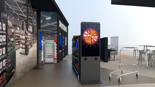 An exhibition stand with digital displays