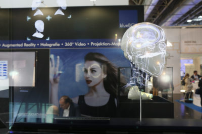 A hologram of a skull at an exhibition stand