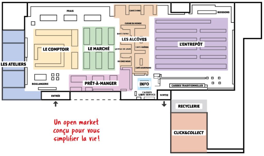 Floor plan of a louis delhaize OPEN MARKET with French department labels