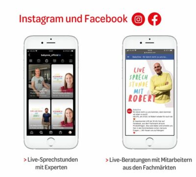Two mockups of consulting services on smartphones, one via instagram, one via Facebook