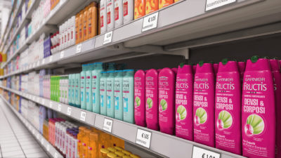 A shelf with shampoo bottles