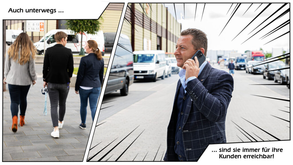 Collage: man talking on the phone on the street and people from behind; Coypright: Messe Düsseldorf