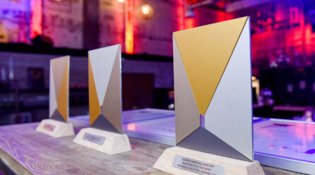 Three EuroShop RetailDesign Award trophies side by side