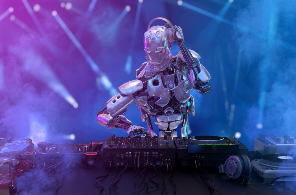 Roboter DJ mit Kopfhörer am Mischpult