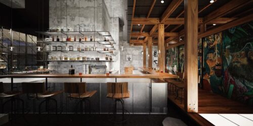 Store-Design einer Bar (Chinese Baijiu) mir viel Holz
