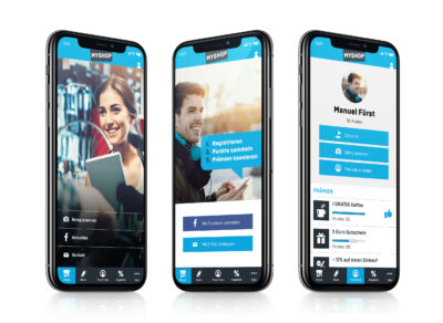 Drei Ansichten eines Smartphones mit geöffneter "myshop" App; Copyright: hello again