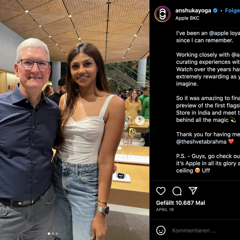 A young woman in a photo next to Apple CEO Tim Cook, with the text of the Instagram post next to it