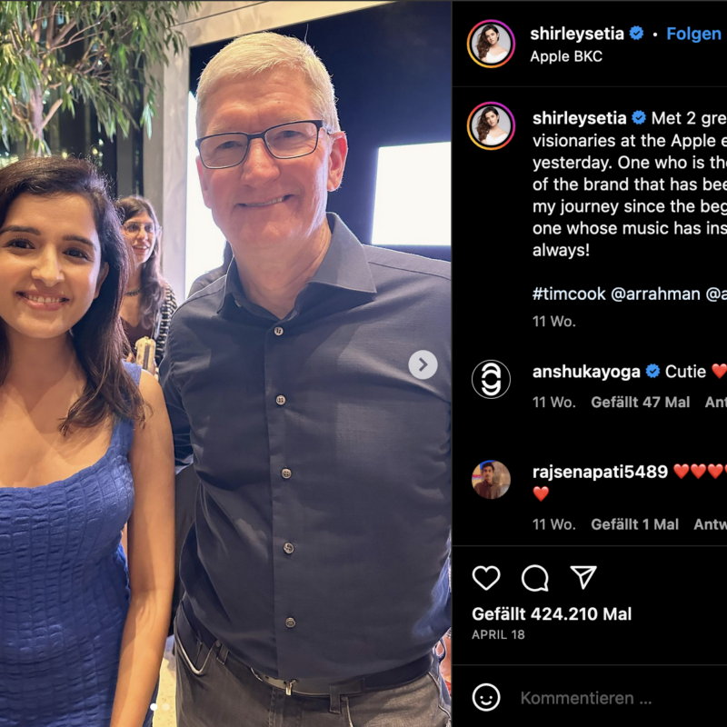Eine junge indische Frau, Influencerin, auf einem Foto neben Apple-CEO Tim Cook, daneben der Text des Instagram-Posts