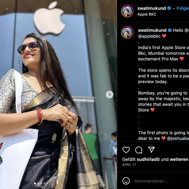 A young woman with shopping bags in front of a glass facade with Apple logo, next to it the text of the Instagram post