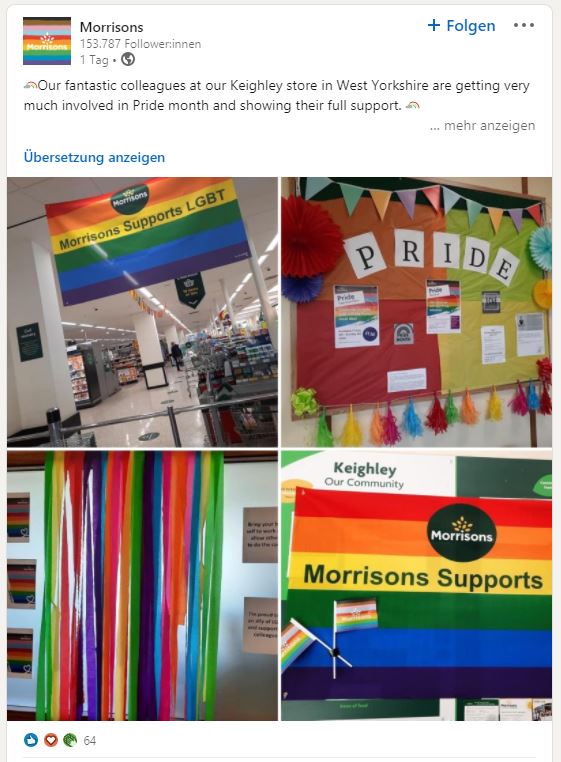 Ein LinkedIn-Post von Morrison zu Ladendekorationen zum Pride Month in Regenbogenfarben