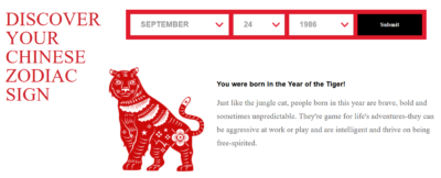 Screenshot der Webseite von Macy's mit einem ausgefüllten Formular, dass nach Eingabe der Geburtsdaten das chinesische Tierkreiszeichen zeigt
