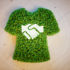 A green shirt made of grass with a symbol of two shaking hands