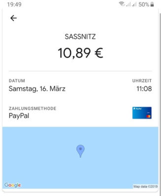 Screenshot einer Bezahlapp mit Betrag und Landkarte mit Pin im Meer; copyright: Maximilian Obenaus