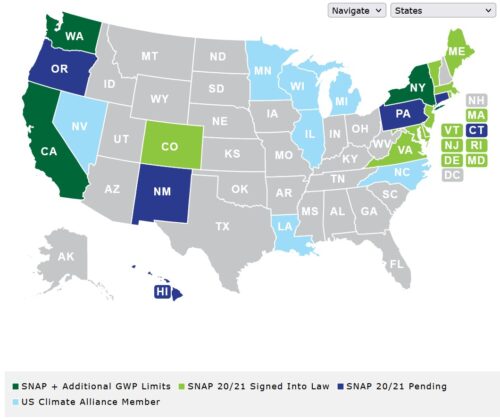 Eine interaktive Karte, ob und wie US-amerikanische Bundesstaaten die Reduktion von FKW-Kältemitteln gesetzlich angehen; Copyright: NASRC